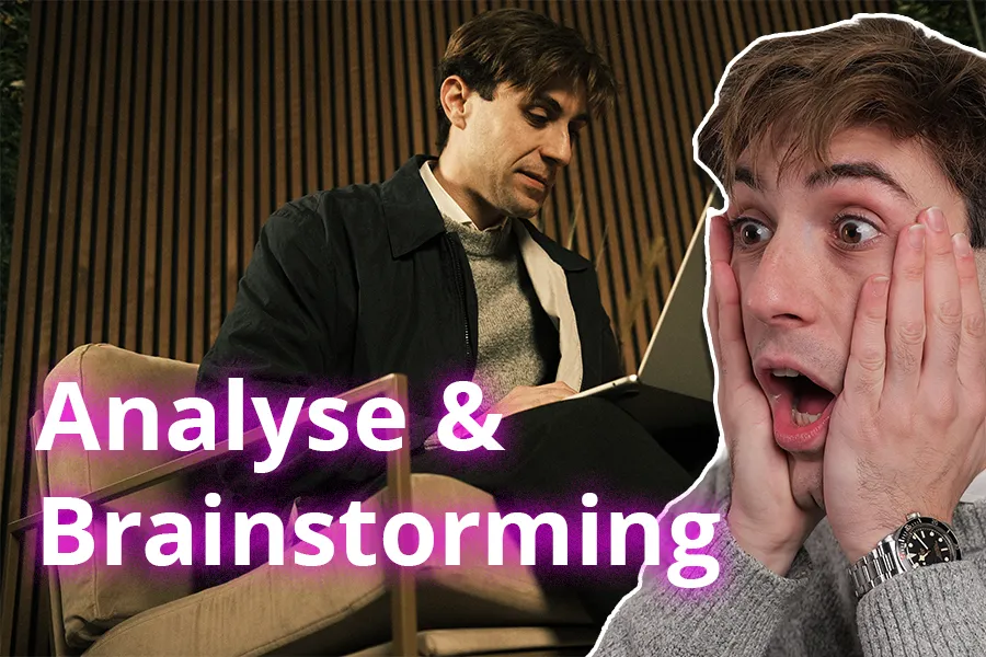 Ein Mann arbeitet konzentriert am Laptop, daneben ein überraschter Mann mit weit aufgerissenen Augen – Thema: Analyse und Brainstorming.