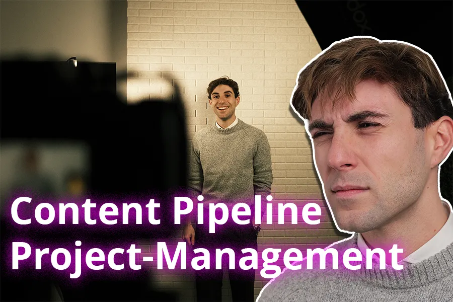 Ein Mann lächelt vor einer Kamera in einem Studio, daneben ein nachdenklicher Mann – Thema: Content Pipeline und Projektmanagement