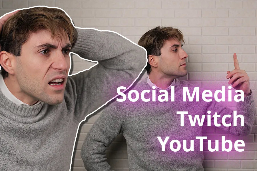 Ein verwirrter Mann fasst sich an den Kopf, daneben ein Mann, der mit erhobenem Finger nachdenklich eine Idee andeutet – Thema: Social Media, Twitch und YouTube.