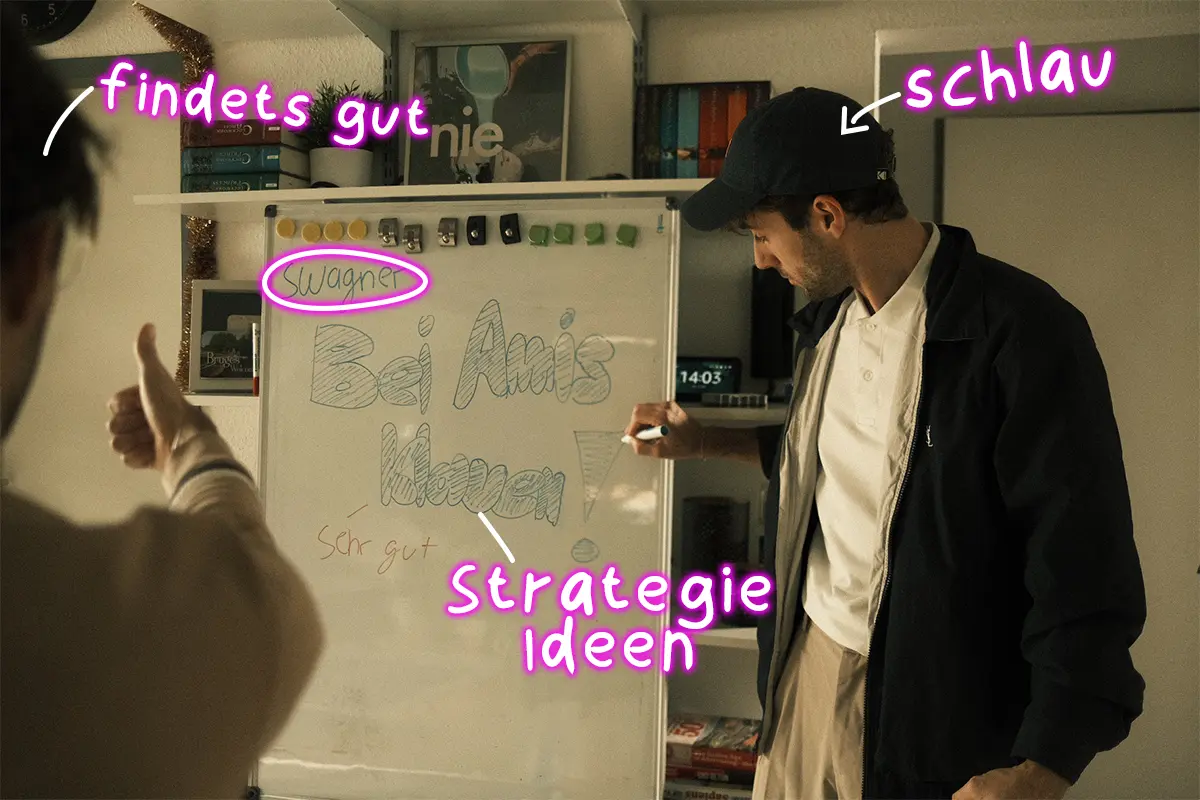 Ben, Gründer von swagner.co, entwickelt an einem Whiteboard Channel-Strategien. Eine Person im Vordergrund zeigt mit einem Daumen nach oben.