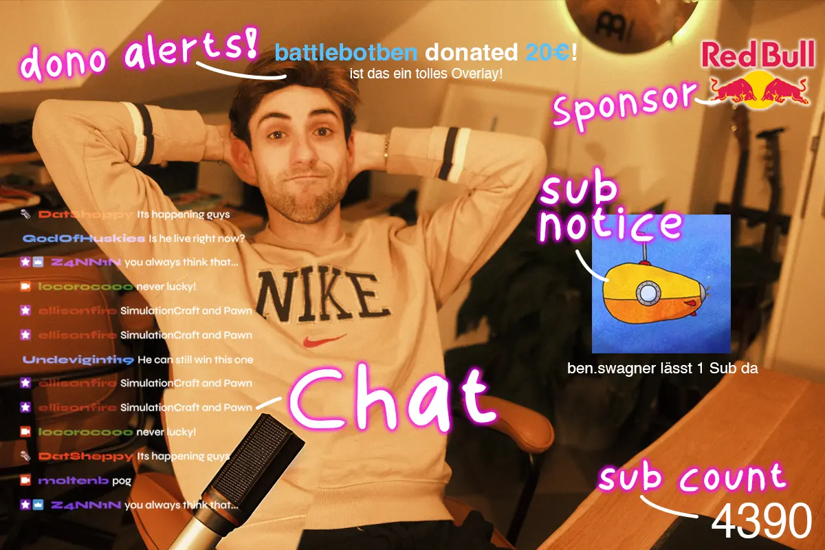 Ben, Gründer von swagner.co, im Stream mit einem Overlay voller Chat-Nachrichten, Spenden-Hinweisen und Sub-Benachrichtigungen.
