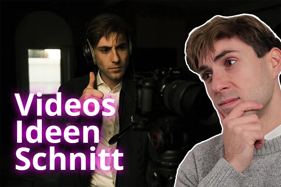 Ein Mann mit Kopfhörern überprüft eine Kamera im dunklen Studio, daneben ein nachdenklicher Mann – Thema: Videos, Ideen, Schnitt